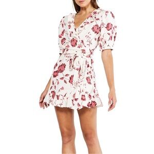 MISA Los Angeles Thora Abstract Peony White Red Wrap Dress, Size XS